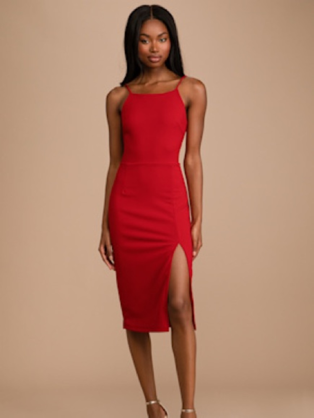 Lulu's Red Spaghetti-Strap Midi Dress with Side Slit
